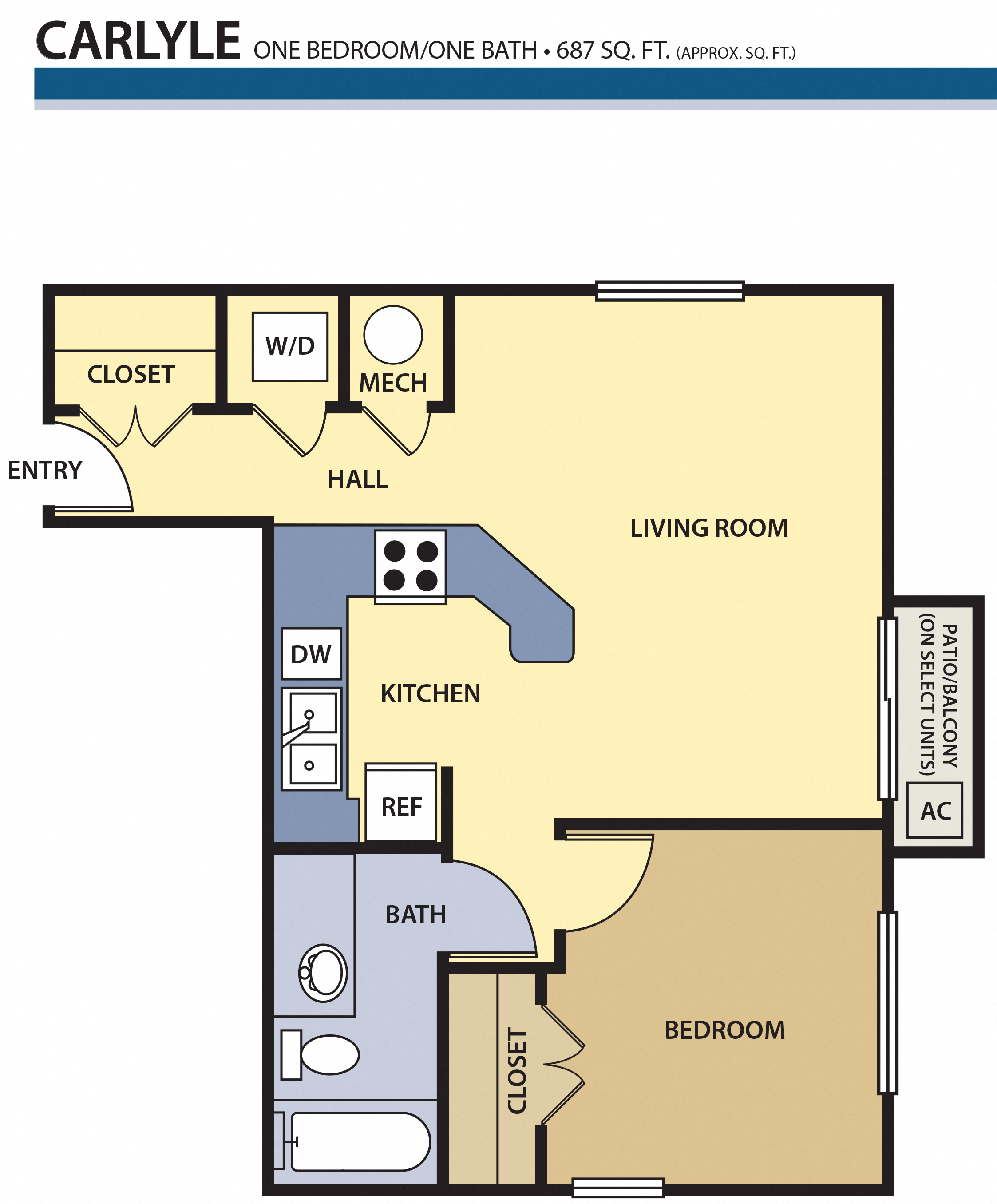 Floor plan for 1 bed, 1 bath, 687 sqft